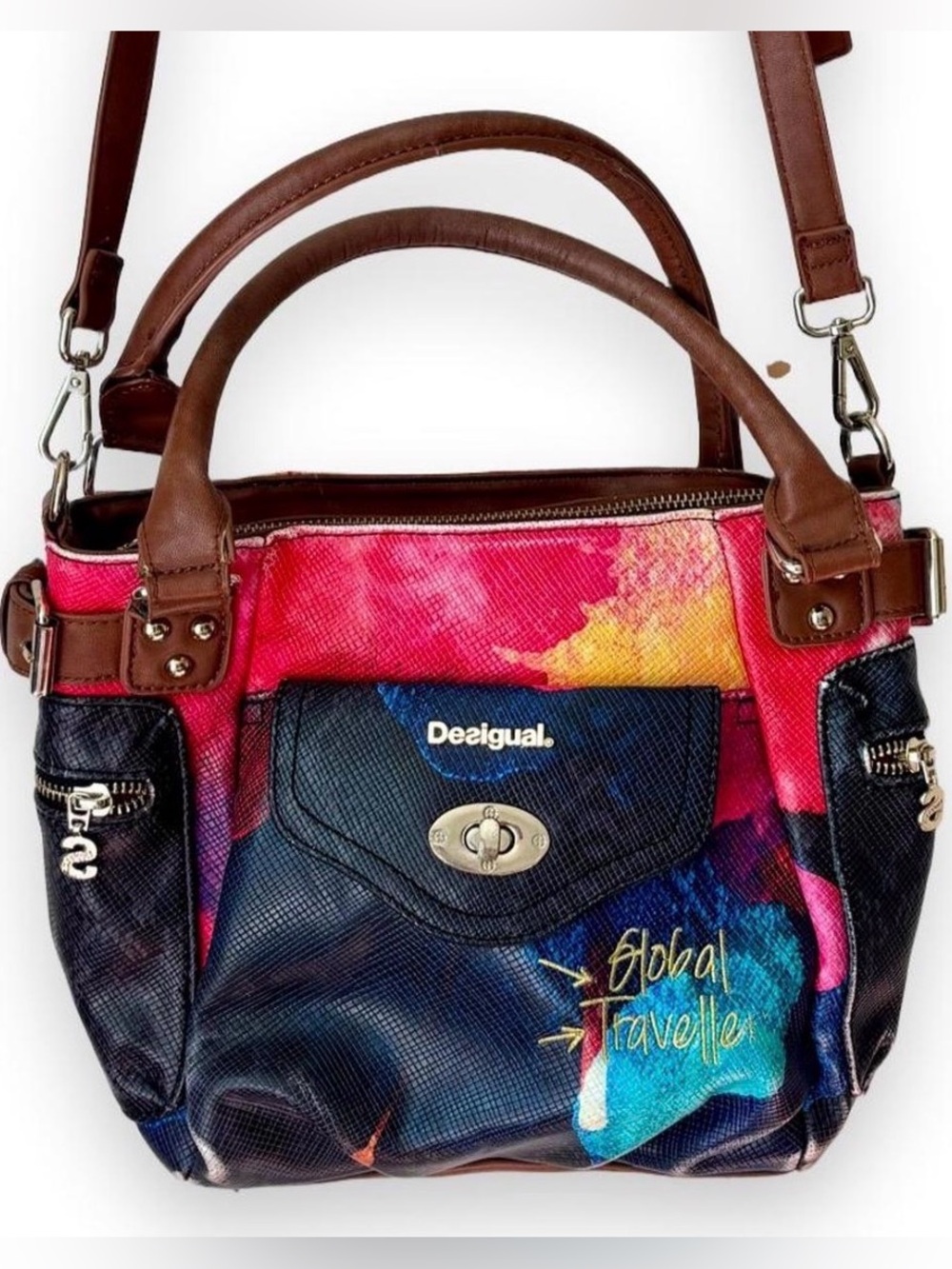 Desigual Global Traveller Multicolor Bag with colorful abstract watercolor desig